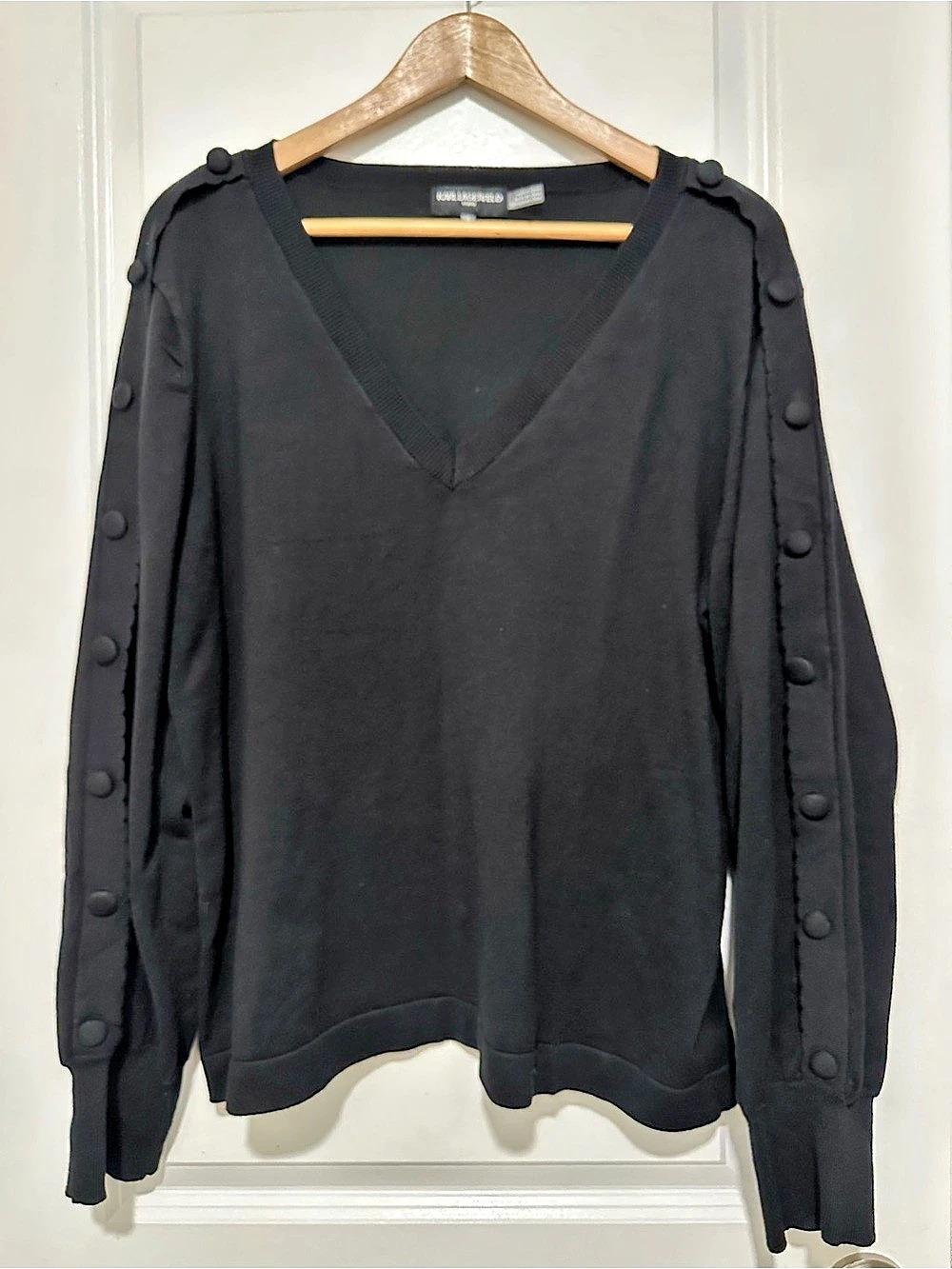 Karl Lagerfeld Black V-Neck Sweater Button Detail on Sleeve Women’s Size XL